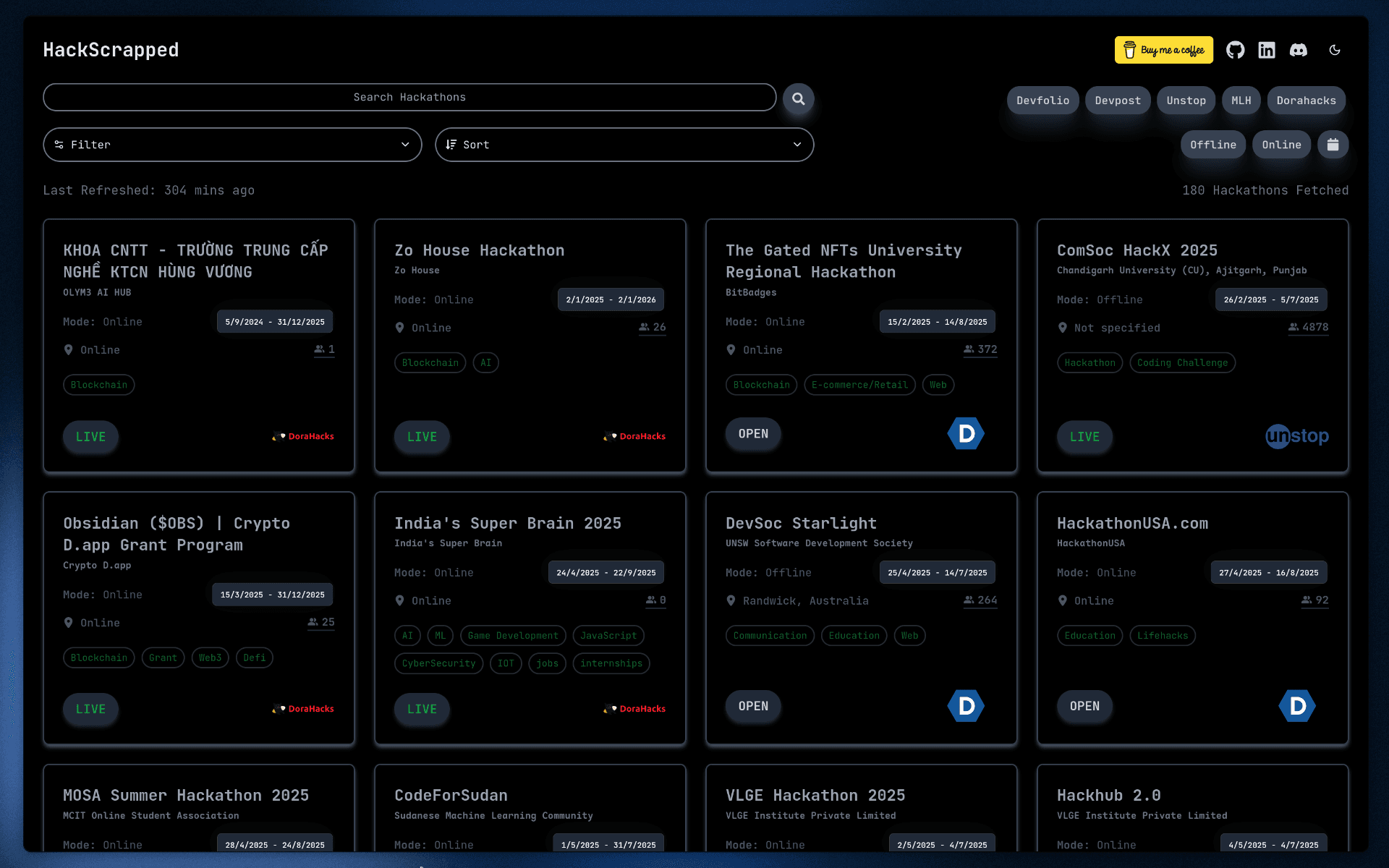 HackScrapped hackathon discovery dashboard