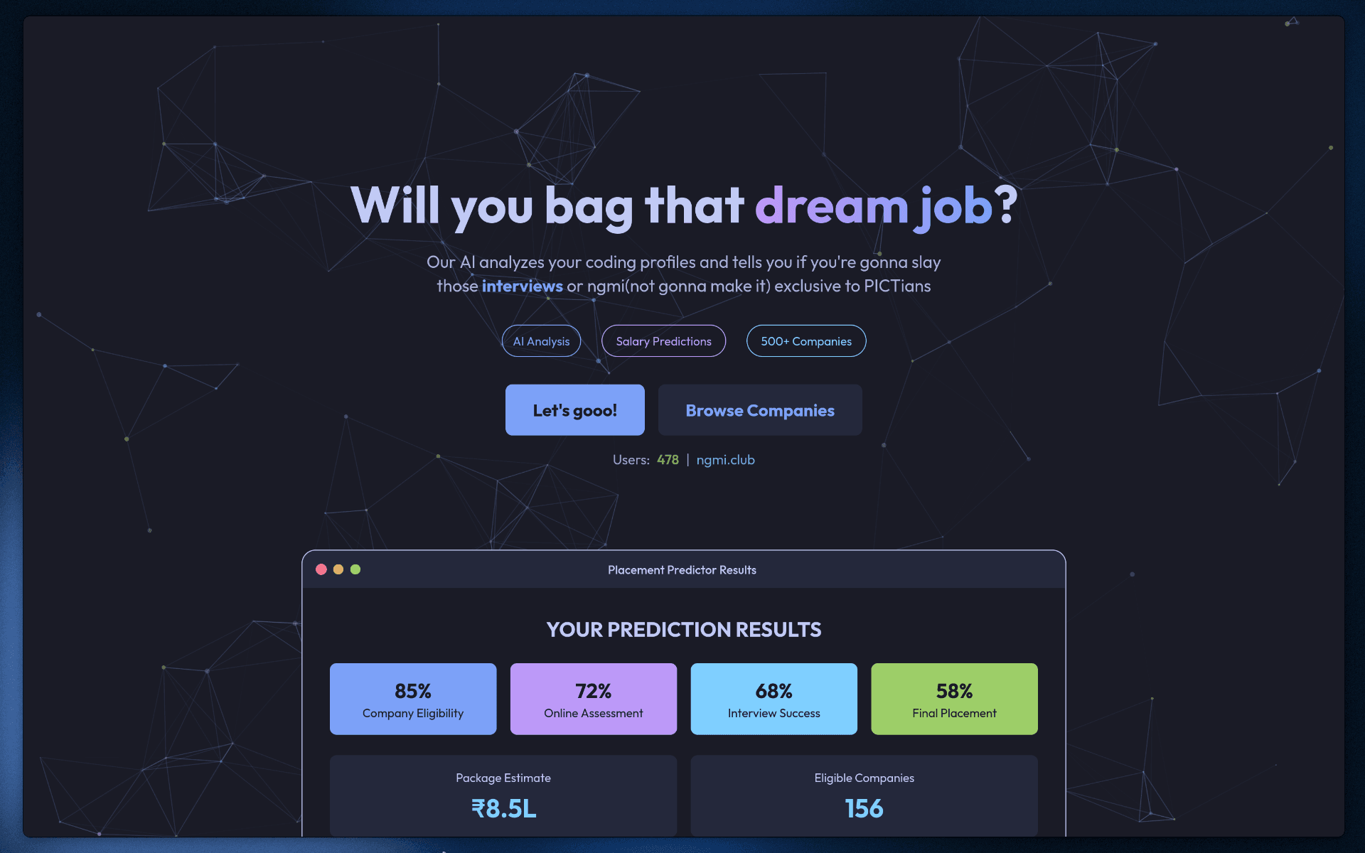 Placement Predictor results dashboard